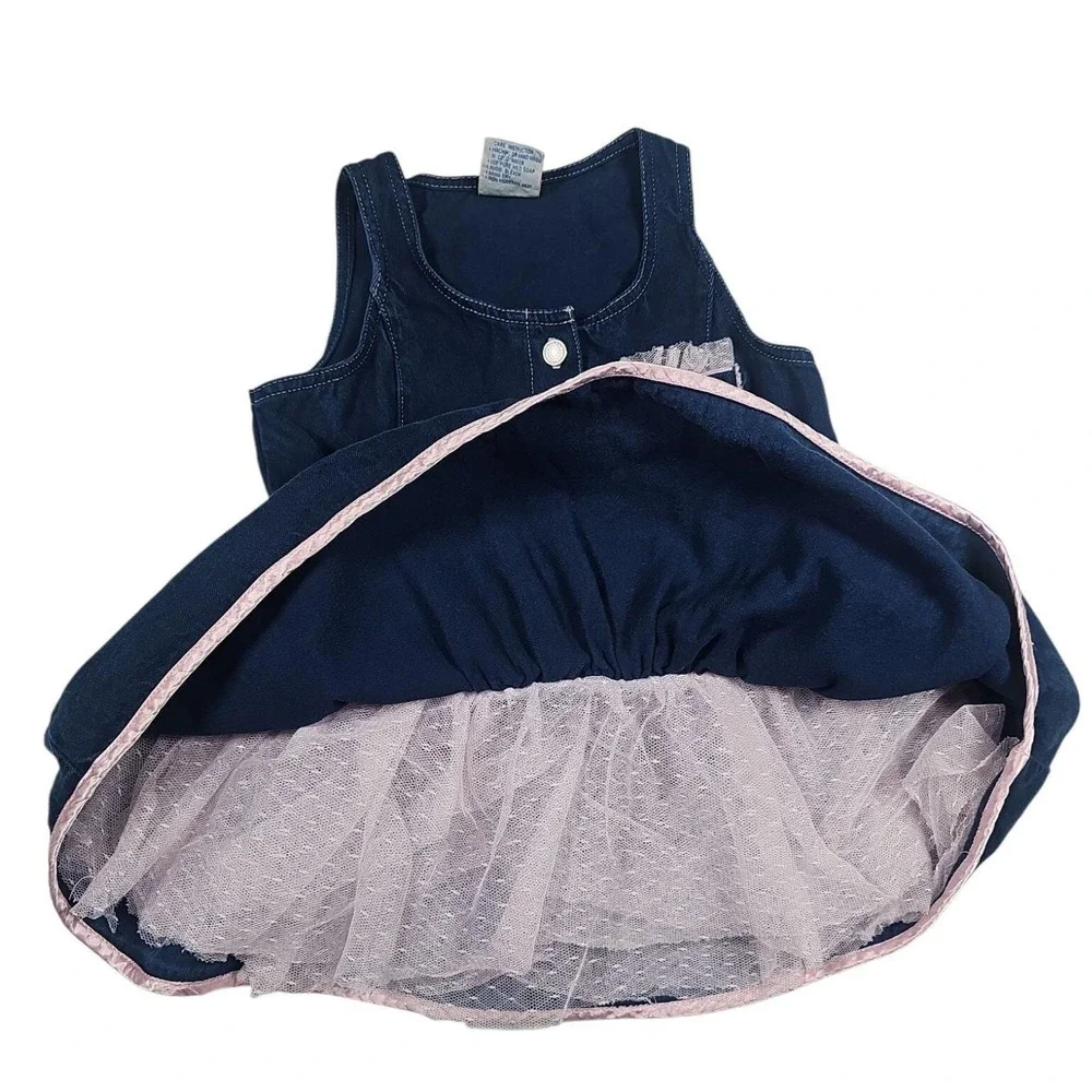 Calabash Denim Dress‎ Vintage Pink Trim Bows Sleeveless Girl's Size 5